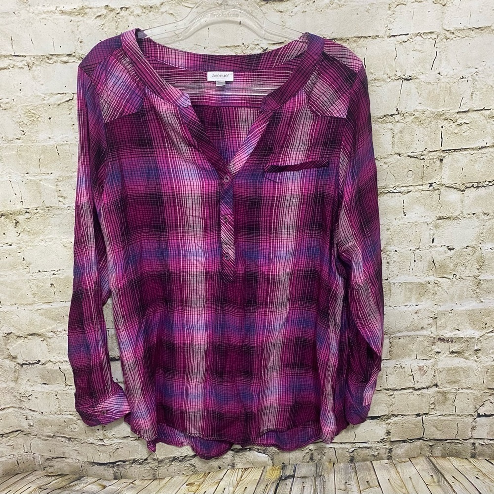 Avenue Purple Plaid Soft V Neck Popover Top